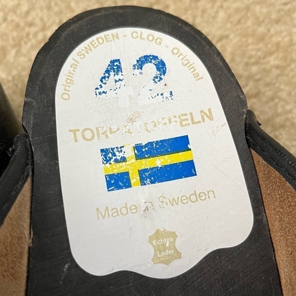 Vintage Torpatoffeln Original Swedish Clog Black Leather Wood 42 - Picture 5 of 9